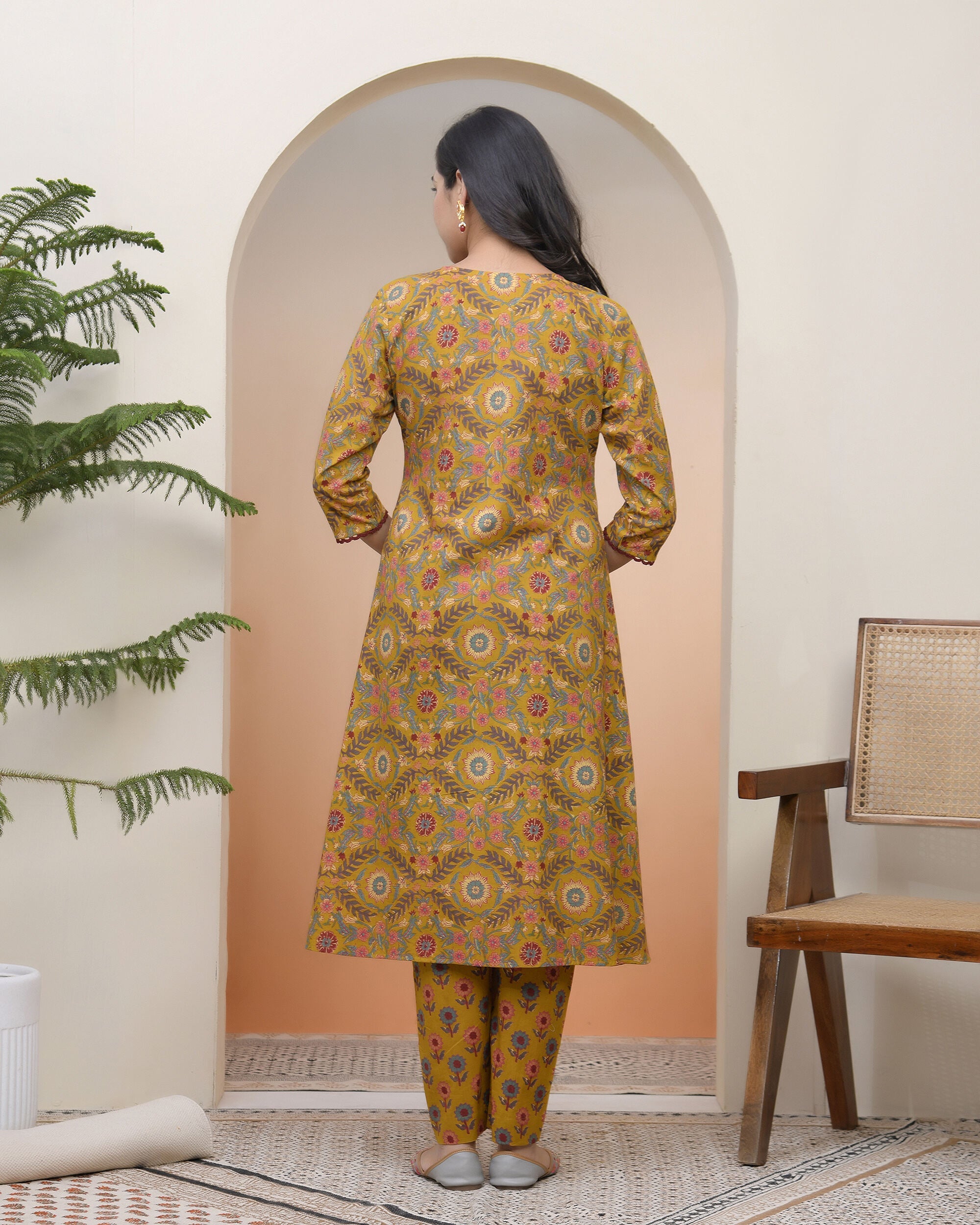 Vaasva Women Mustard Cotton Angrakha Kurta With Cotton Pant & Dupatta | Grocsy