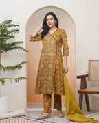 Vaasva Women Mustard Cotton Angrakha Kurta With Cotton Pant & Dupatta | Grocsy