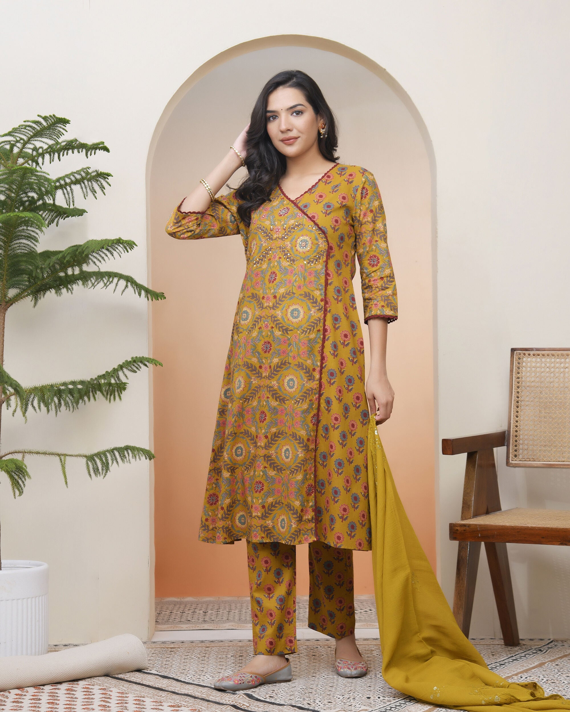 Vaasva Women Mustard Cotton Angrakha Kurta With Cotton Pant & Dupatta | Grocsy