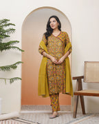Vaasva Women Mustard Cotton Angrakha Kurta With Cotton Pant & Dupatta | Grocsy