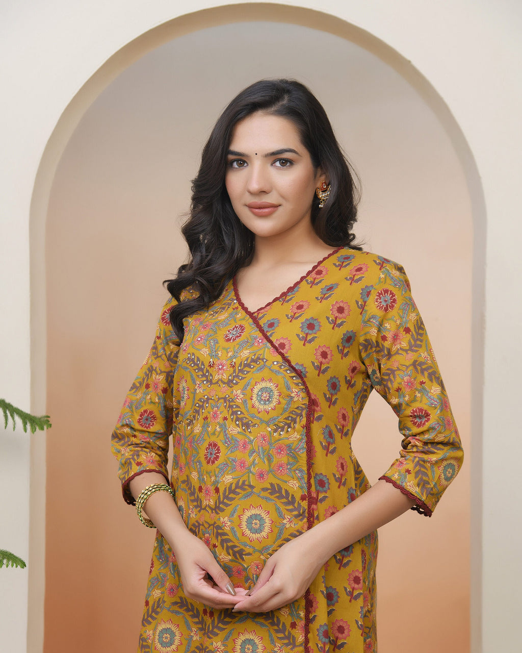 Vaasva Women Mustard Cotton Angrakha Kurta With Cotton Pant & Dupatta | Grocsy