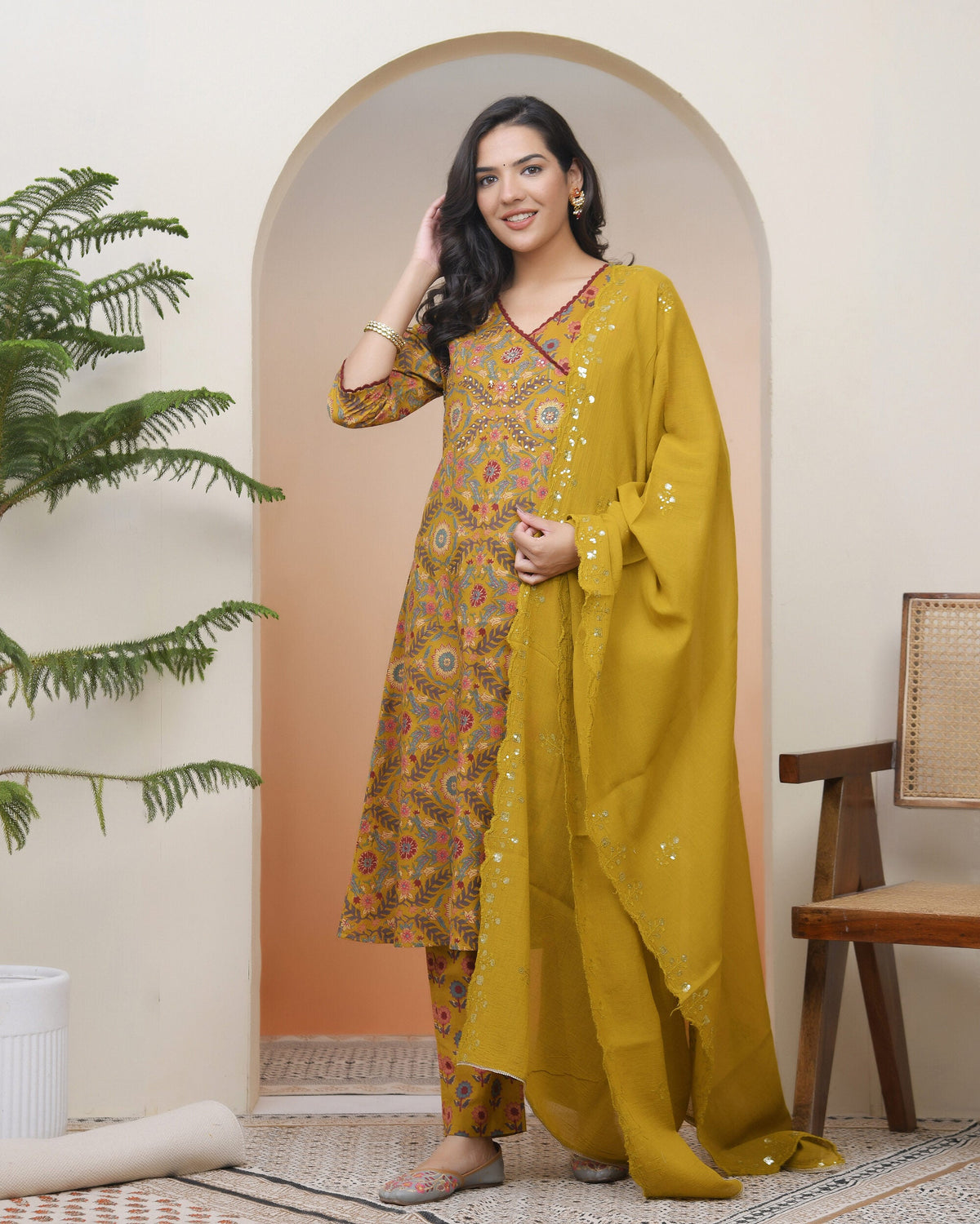 Vaasva Women Mustard Cotton Angrakha Kurta With Cotton Pant & Dupatta | Grocsy