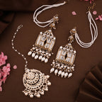 Tehzeeb Creations Stylish White Pearls Doli-Palki Kundan Earrings With Ear Chain With Tikka | Grocsy