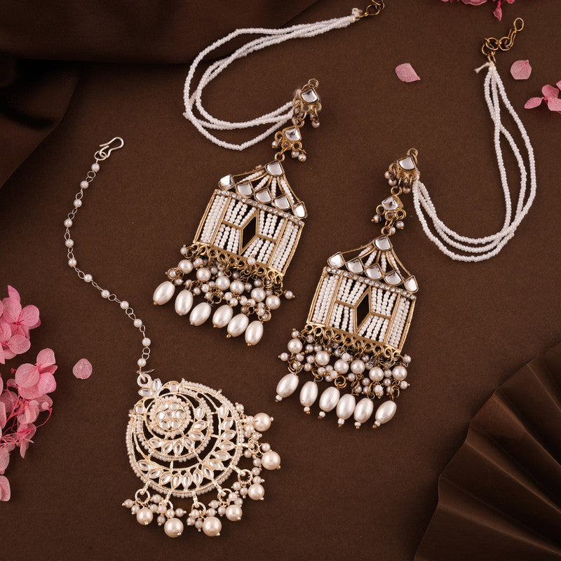 Tehzeeb Creations Stylish White Pearls Doli-Palki Kundan Earrings With Ear Chain With Tikka | Grocsy
