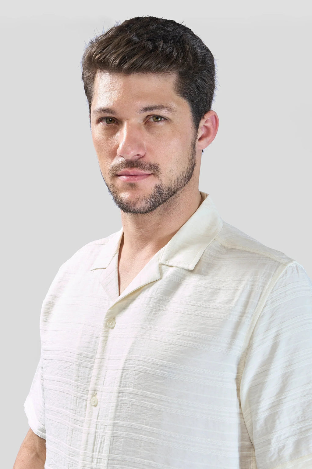 Xkind White Horizontal Pleated Stripes Relaxed Fit Shirt | Grocsy