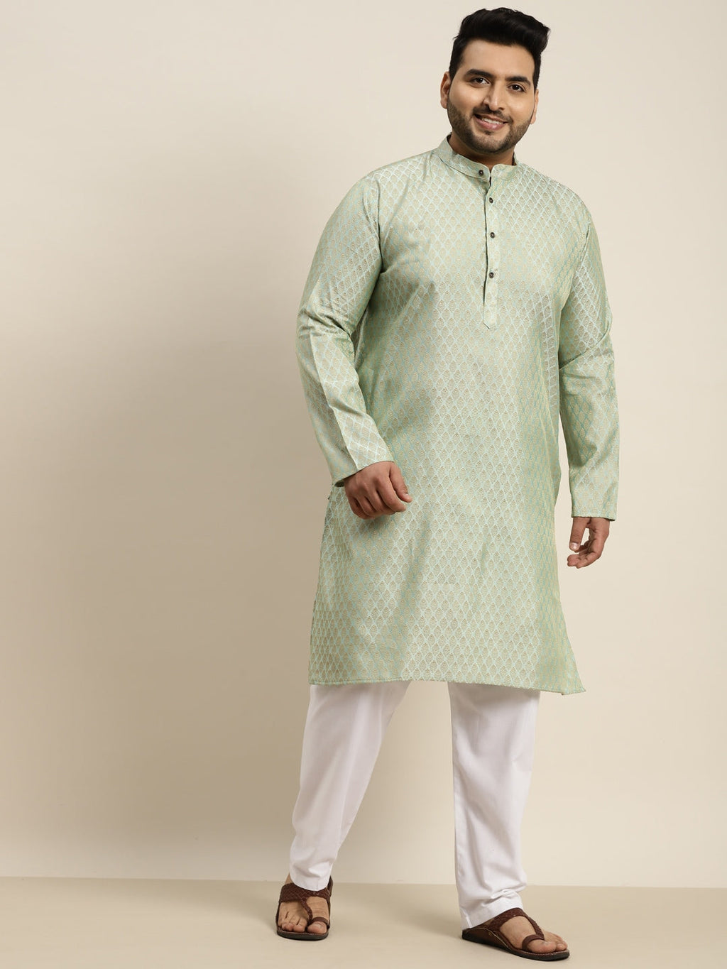 Sojanya Plus Men Green Jacquard Self Design Kurta with Pyjamas | Grocsy