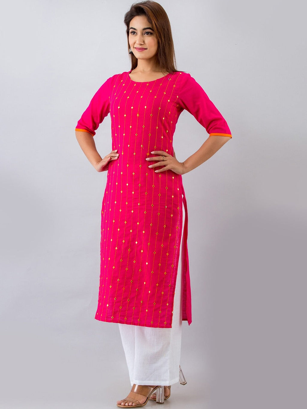 HERE&NOW Pink & White Geometric Embroidered Mirror Work Kurta with Palazzos | Grocsy