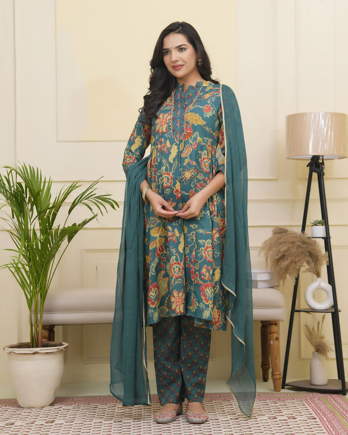 Vaasva Women Dark Sea Cotton Gathered Kurta With Cotton Pant & Dupatta | Grocsy