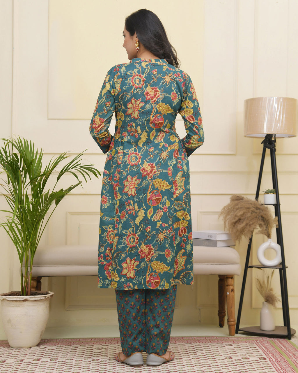 Vaasva Women Dark Sea Cotton Gathered Kurta With Cotton Pant & Dupatta | Grocsy