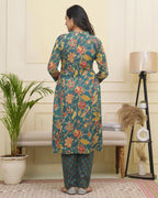 Vaasva Women Dark Sea Cotton Gathered Kurta With Cotton Pant & Dupatta | Grocsy