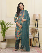 Vaasva Women Dark Sea Cotton Gathered Kurta With Cotton Pant & Dupatta | Grocsy