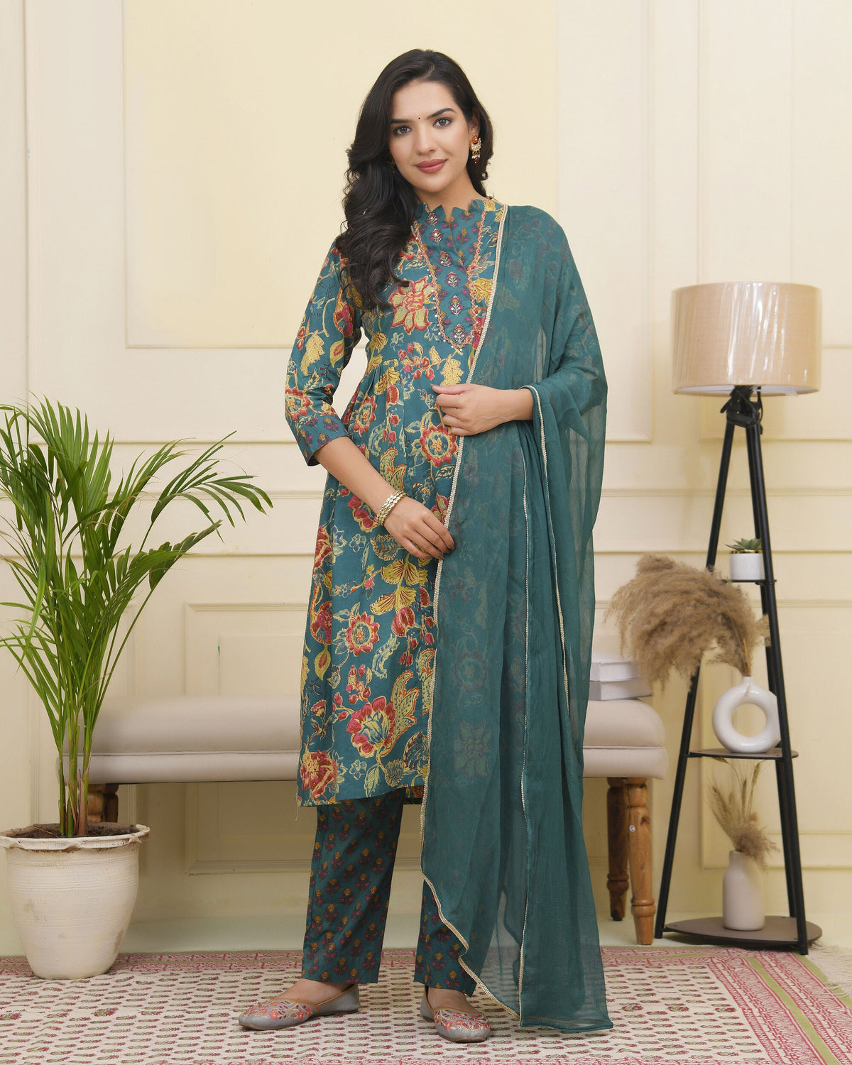Vaasva Women Dark Sea Cotton Gathered Kurta With Cotton Pant & Dupatta | Grocsy