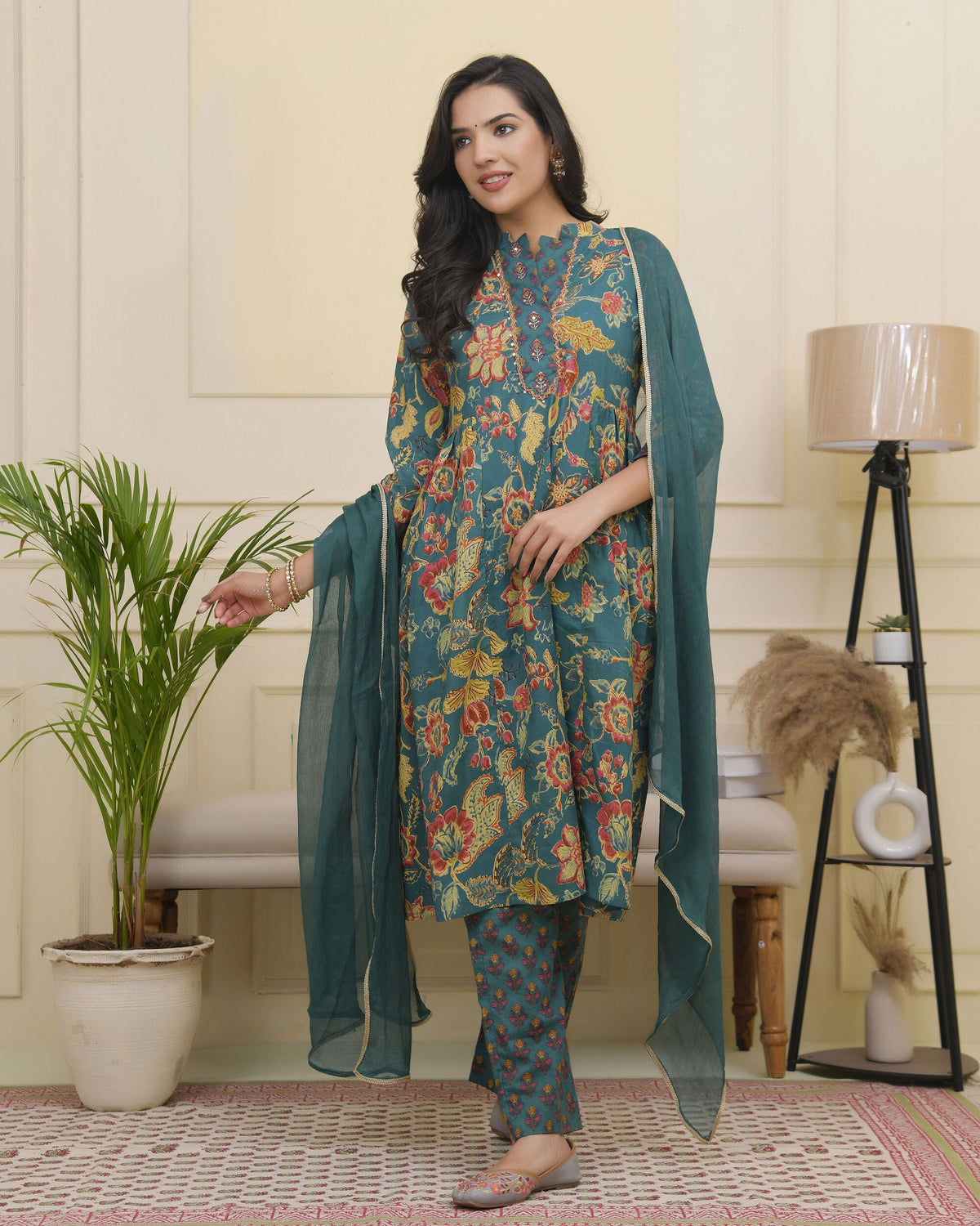 Vaasva Women Dark Sea Cotton Gathered Kurta With Cotton Pant & Dupatta | Grocsy
