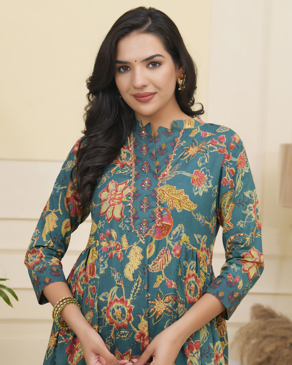 Vaasva Women Dark Sea Cotton Gathered Kurta With Cotton Pant & Dupatta | Grocsy