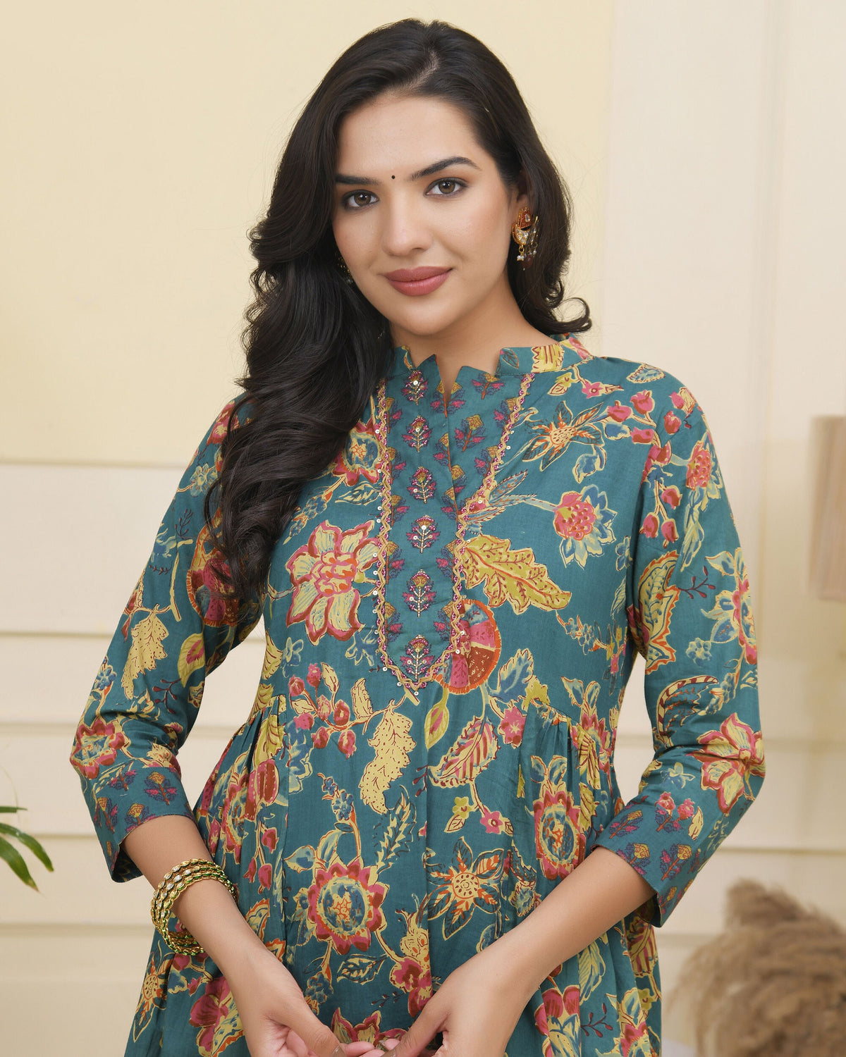 Vaasva Women Dark Sea Cotton Gathered Kurta With Cotton Pant & Dupatta | Grocsy