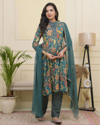 Vaasva Women Dark Sea Cotton Gathered Kurta With Cotton Pant & Dupatta | Grocsy