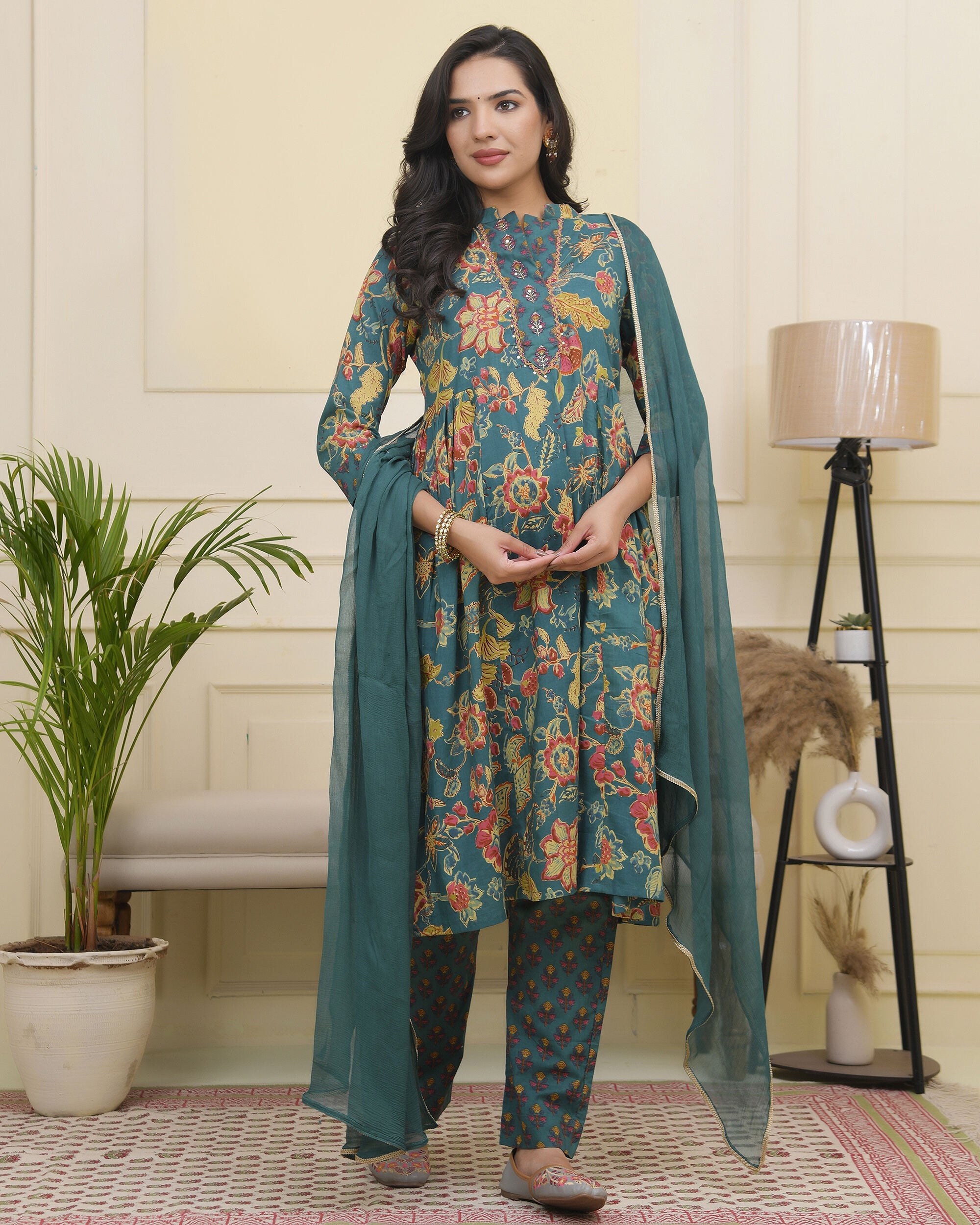 Vaasva Women Dark Sea Cotton Gathered Kurta With Cotton Pant & Dupatta | Grocsy