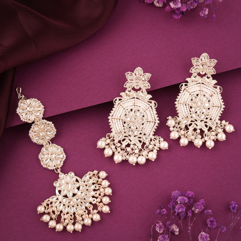 Tehzeeb Creations Fashionable Gold Earrings And Tikka Studded With Kundan And Pearl | Grocsy