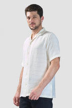 Xkind White Horizontal Pleated Stripes Relaxed Fit Shirt | Grocsy
