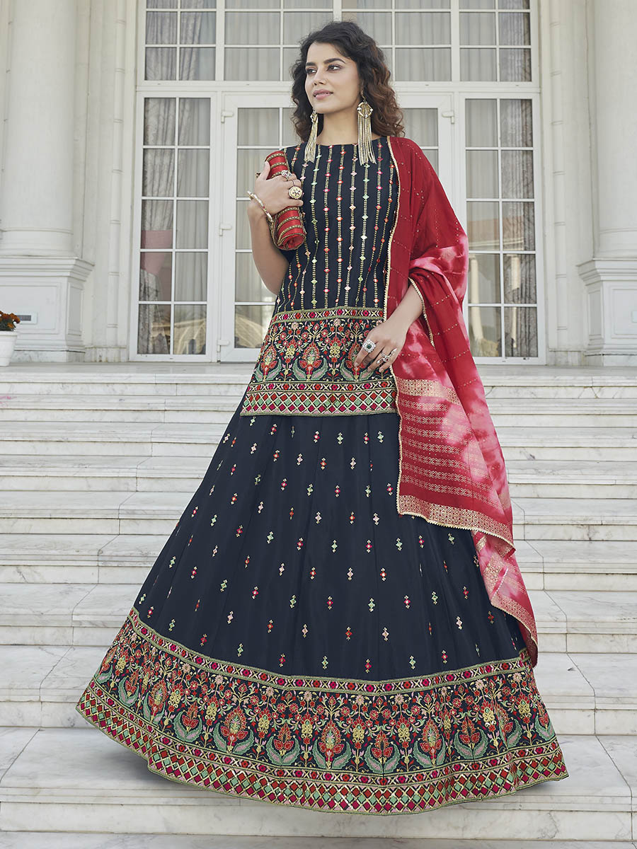 Myra Navy Blue - Pink Embroidered Designer Lehenga | Grocsy