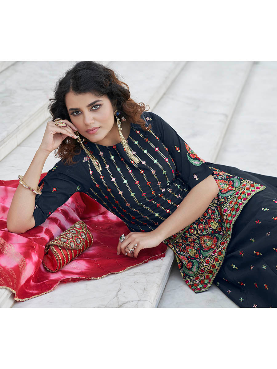 Myra Navy Blue - Pink Embroidered Designer Lehenga | Grocsy