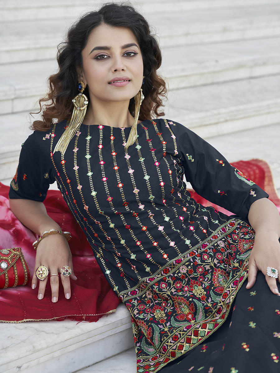 Myra Navy Blue - Pink Embroidered Designer Lehenga | Grocsy