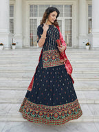 Myra Navy Blue - Pink Embroidered Designer Lehenga | Grocsy