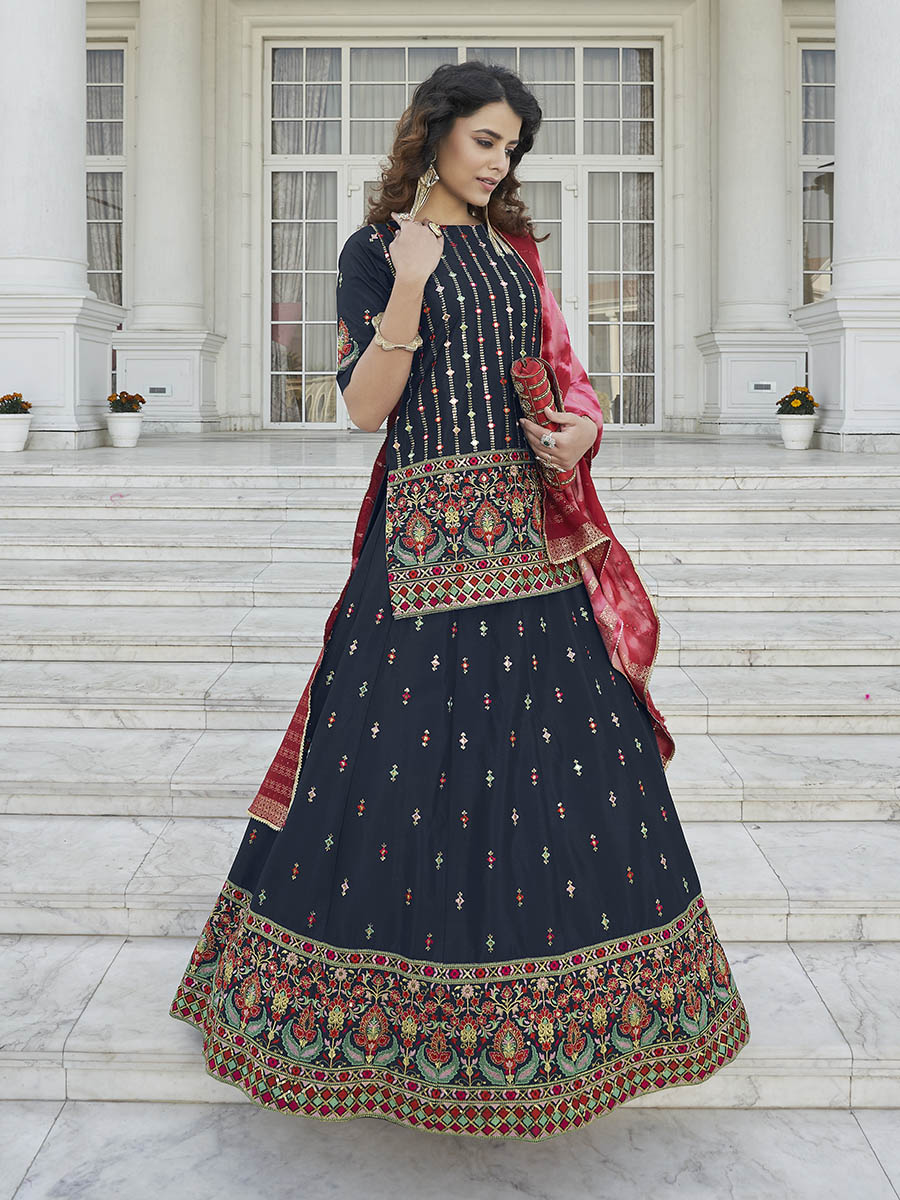 Myra Navy Blue - Pink Embroidered Designer Lehenga | Grocsy