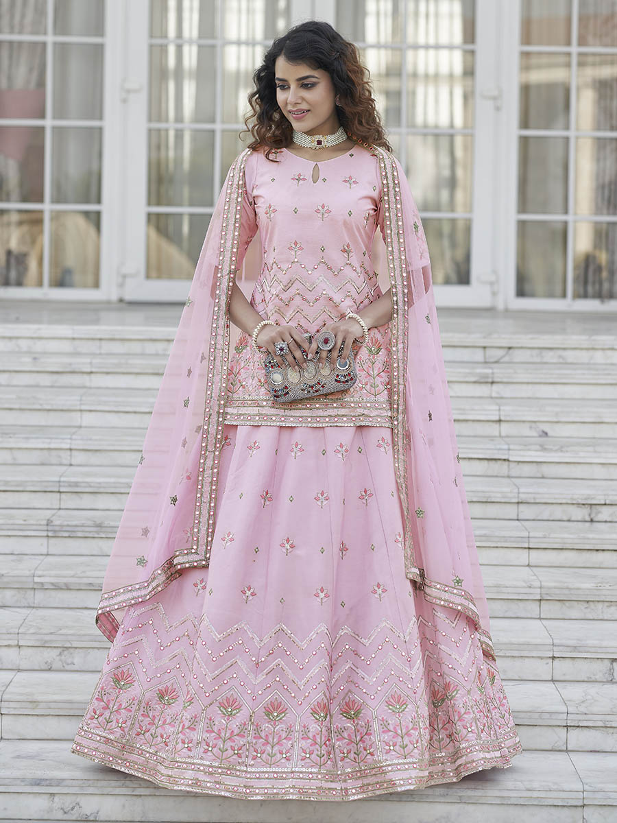 Myra Baby Pink Embroidered Designer Lehenga | Grocsy