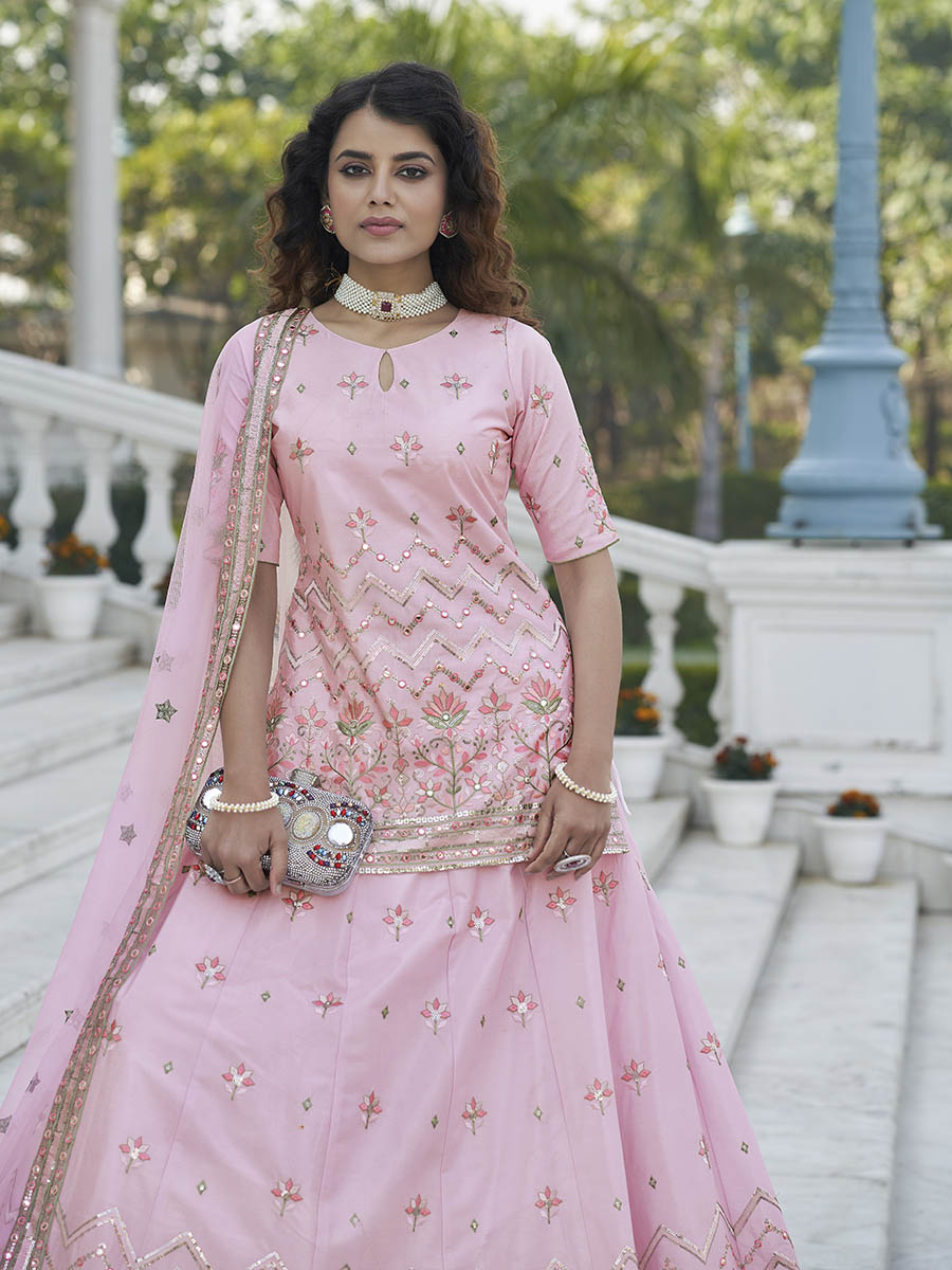Myra Baby Pink Embroidered Designer Lehenga | Grocsy
