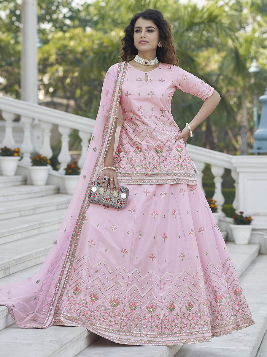 Myra Baby Pink Embroidered Designer Lehenga | Grocsy
