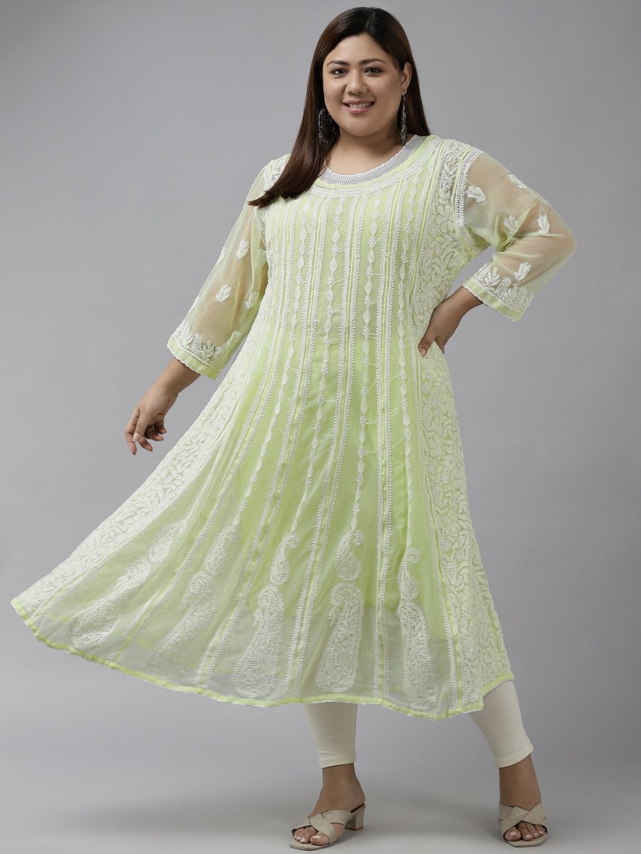 ADA Women Lime Green & White Ethnic Motifs Plus Size Chikankari Georgette Anarkali Kurta | Grocsy