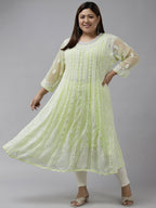 ADA Women Lime Green & White Ethnic Motifs Plus Size Chikankari Georgette Anarkali Kurta | Grocsy