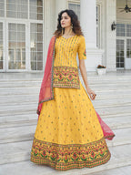 Myra Yellow - Deep Pink Embroidered Designer Lehenga | Grocsy