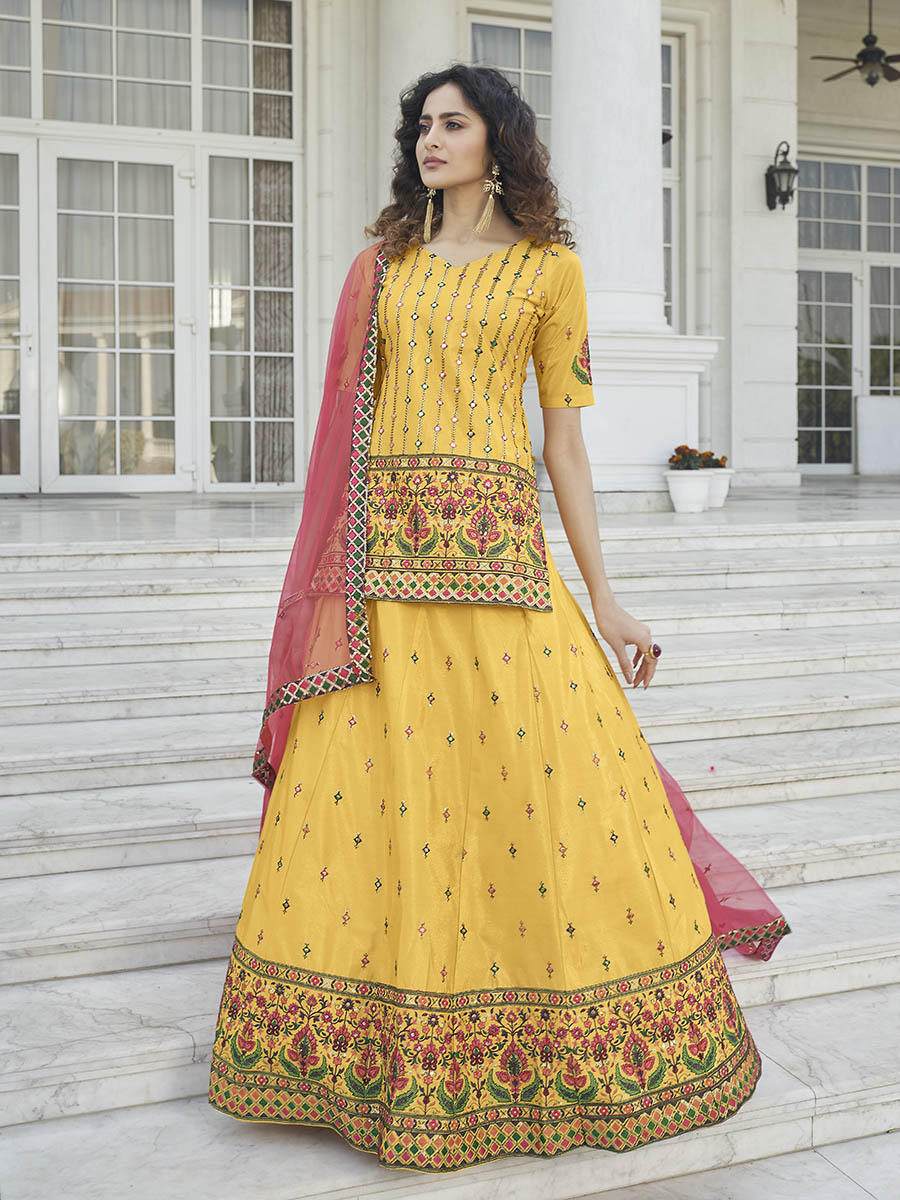 Myra Yellow - Deep Pink Embroidered Designer Lehenga | Grocsy