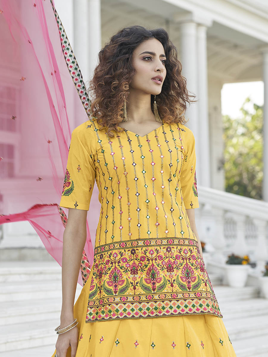 Myra Yellow - Deep Pink Embroidered Designer Lehenga | Grocsy