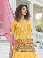 Myra Yellow - Deep Pink Embroidered Designer Lehenga | Grocsy