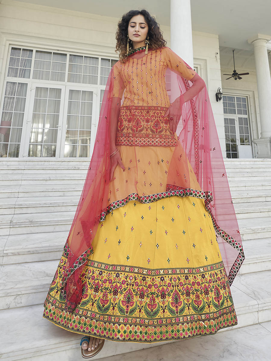 Myra Yellow - Deep Pink Embroidered Designer Lehenga | Grocsy