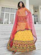 Myra Yellow - Deep Pink Embroidered Designer Lehenga | Grocsy