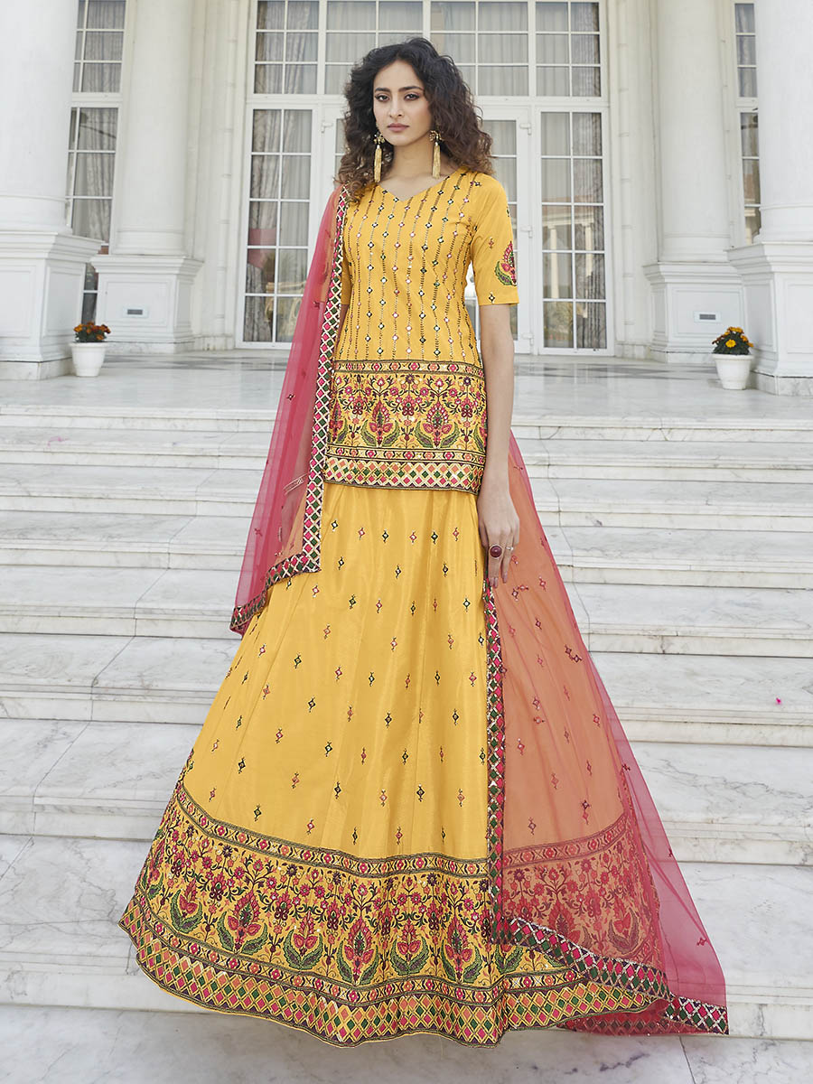 Myra Yellow - Deep Pink Embroidered Designer Lehenga | Grocsy