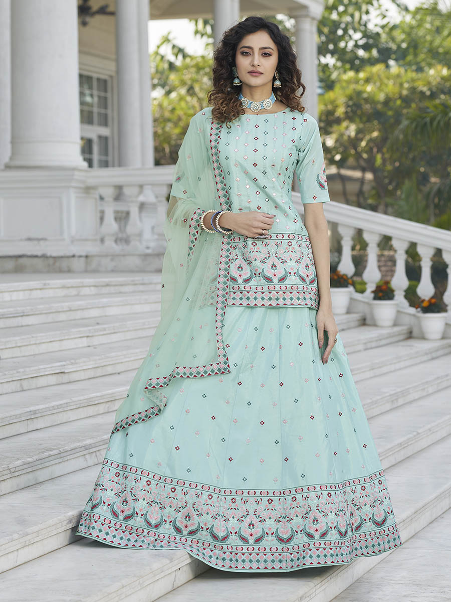 Myra Sky Blue Embroidered Designer Lehenga | Grocsy