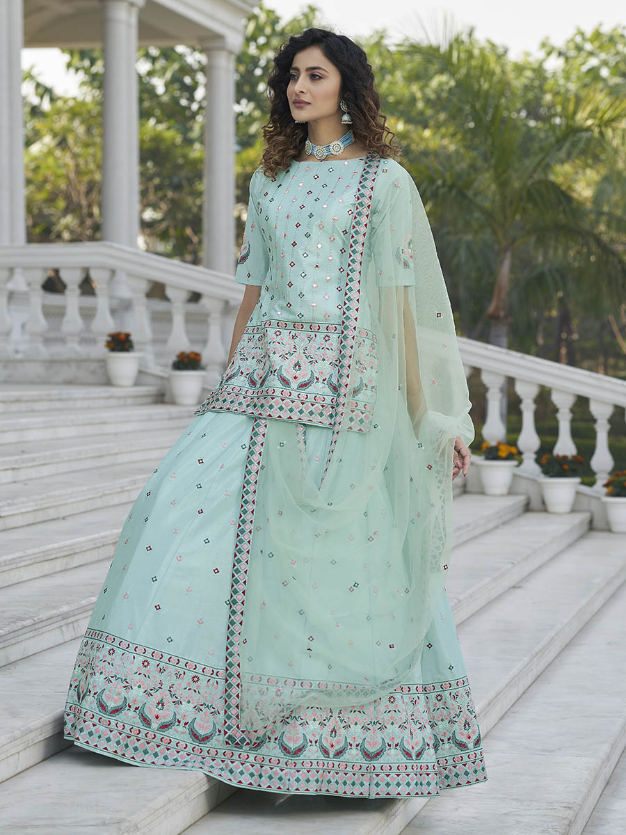 Myra Sky Blue Embroidered Designer Lehenga | Grocsy