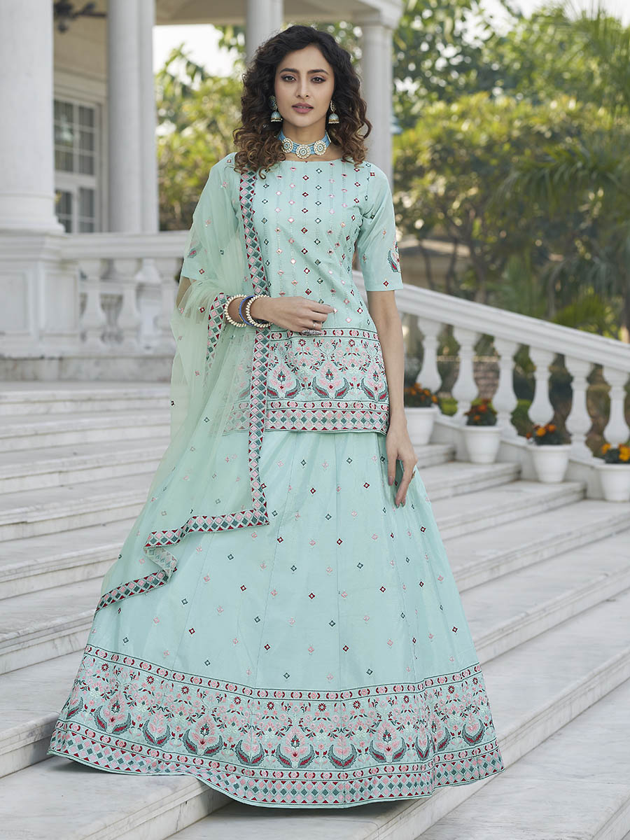 Myra Sky Blue Embroidered Designer Lehenga | Grocsy