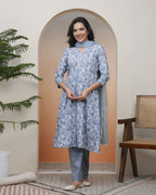 Vaasva Women Grey Panel Kurta With Cotton Pant & Dupatta | Grocsy