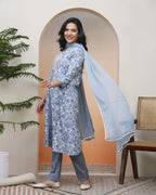 Vaasva Women Grey Panel Kurta With Cotton Pant & Dupatta | Grocsy