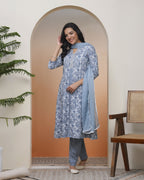 Vaasva Women Grey Panel Kurta With Cotton Pant & Dupatta | Grocsy