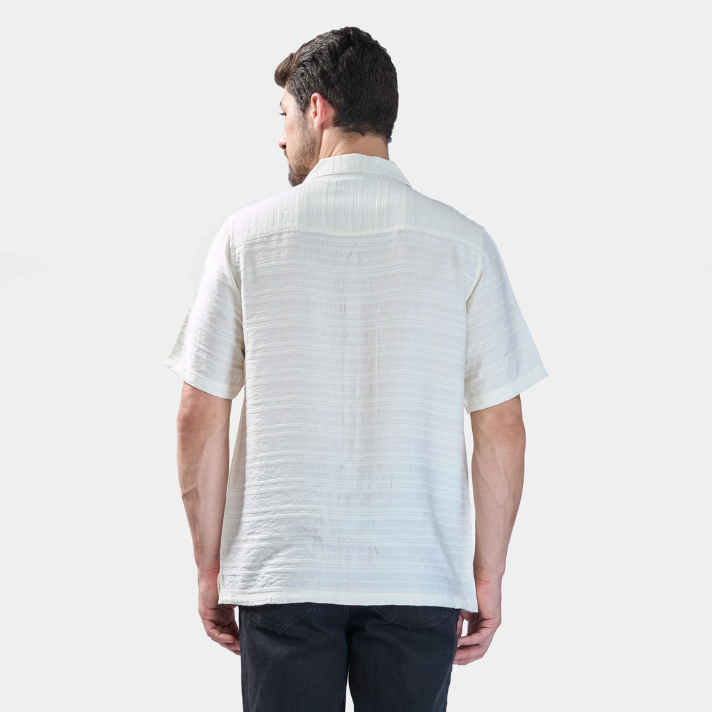 Xkind White Horizontal Pleated Stripes Relaxed Fit Shirt | Grocsy