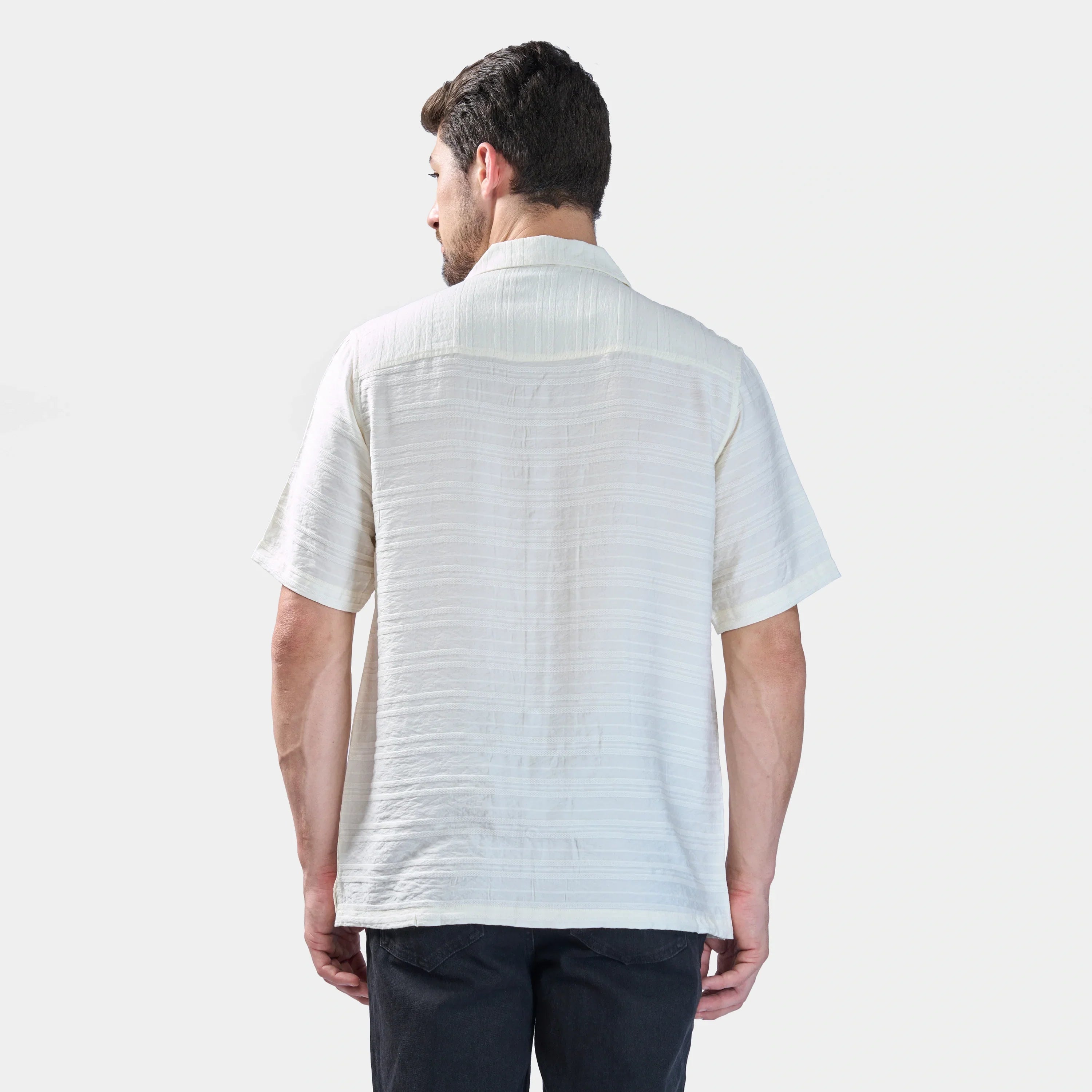 Xkind White Horizontal Pleated Stripes Relaxed Fit Shirt | Grocsy