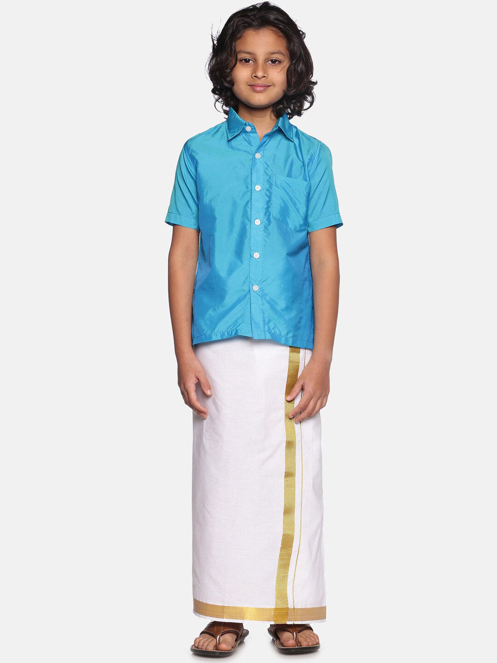Sethukrishna Boys Turquoise Blue & White Solid Cotton Shirt & Dhoti Set | Grocsy