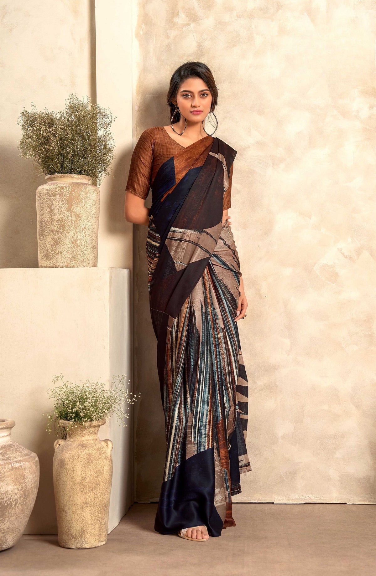 Anaita Brown Soft Satin Silk With Zari Weaving Saree With Blouse | Grocsy
